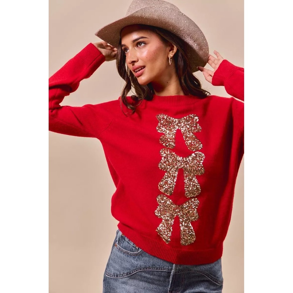 So Me Holiday Bow Sequin Sweater Red Silver Bows Crew Neck Long Sleeve Large